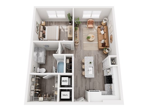 Floor plan for 1 bed, 1 bath, 715 sqft